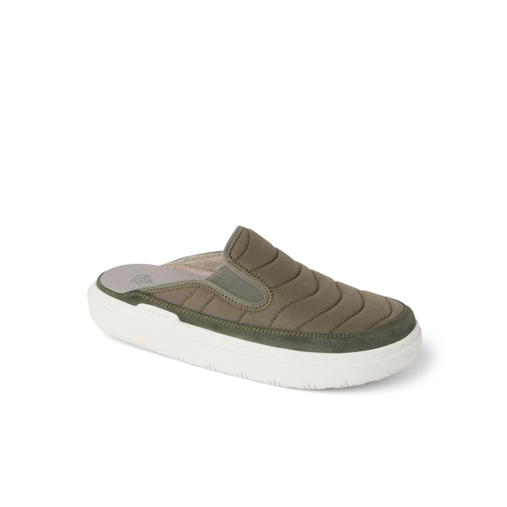 Rambler Kicker mule facing right in olive with cushioned memory foam footbed and lightweight white EVA sole for daily comfort