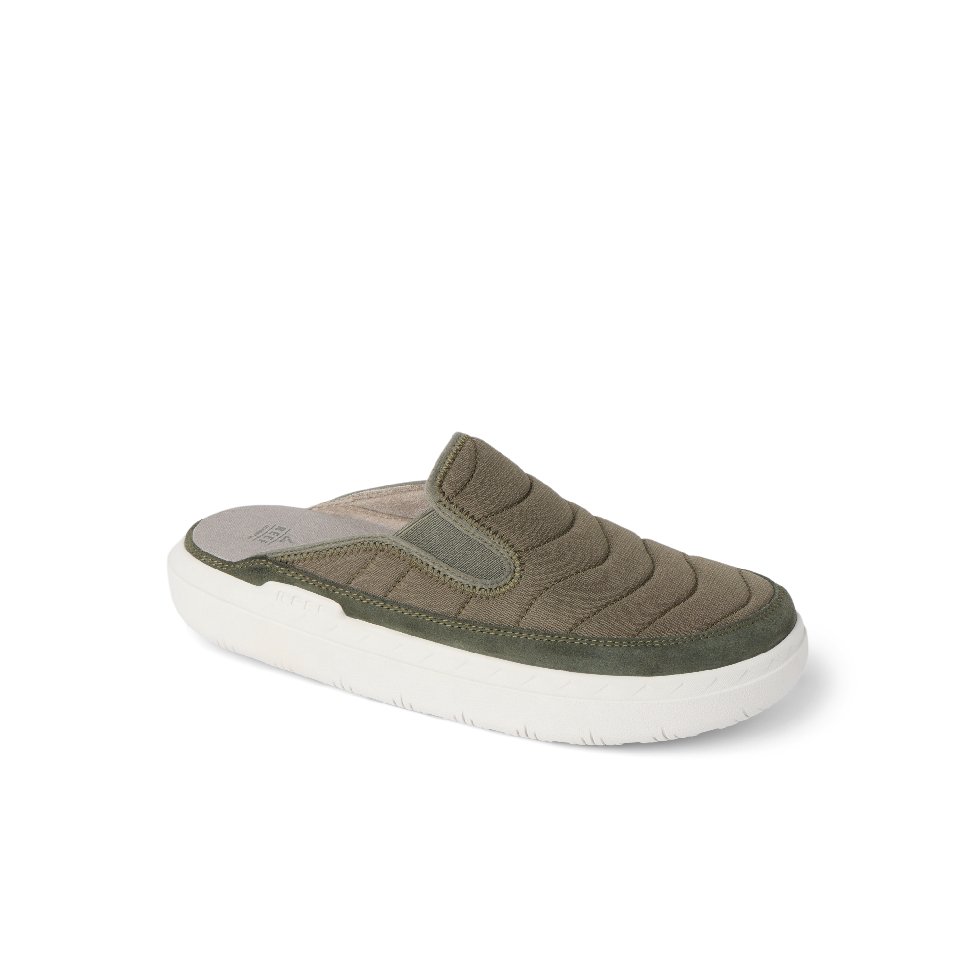 Rambler Kicker mule facing right in olive with cushioned memory foam footbed and lightweight white EVA sole for daily comfort