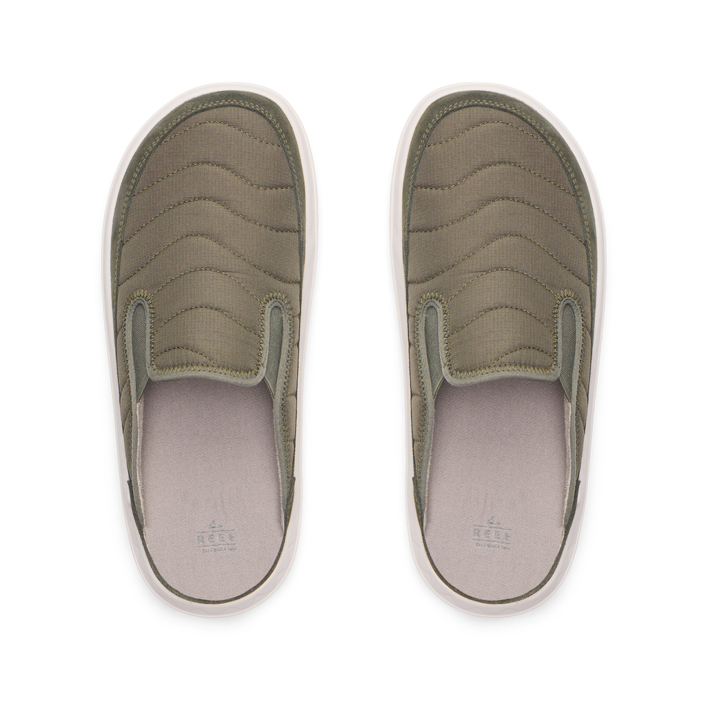 Rambler Kicker top view in olive with quilted upper, cushioned memory foam footbed, and lightweight EVA sole for all-day comfort