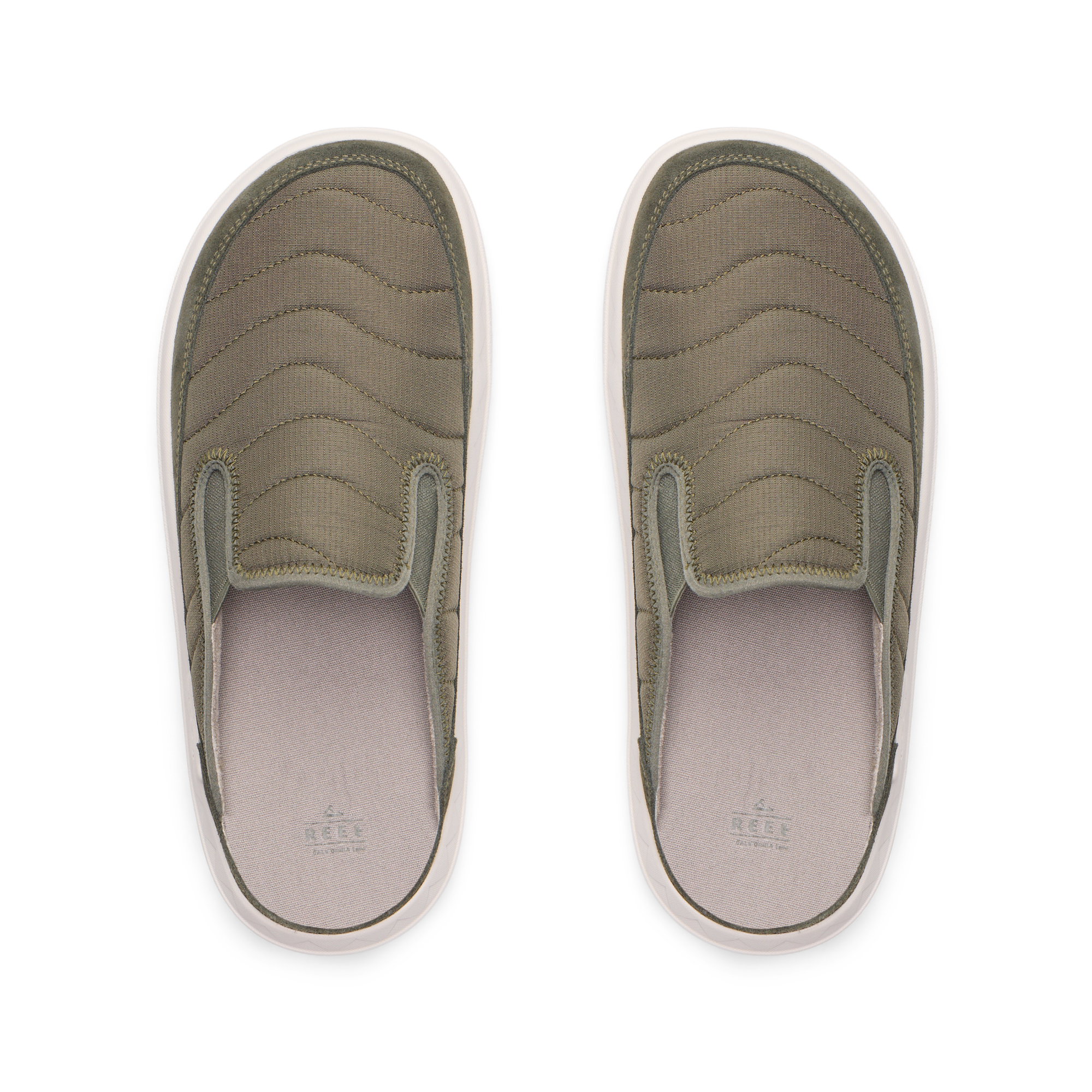 Rambler Kicker top view in olive with quilted upper, cushioned memory foam footbed, and lightweight EVA sole for all-day comfort