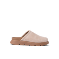 Vista Luxe Mariana facing right, women's light taupe suede clog with closed toe and cushioned arch support for all-day comfort