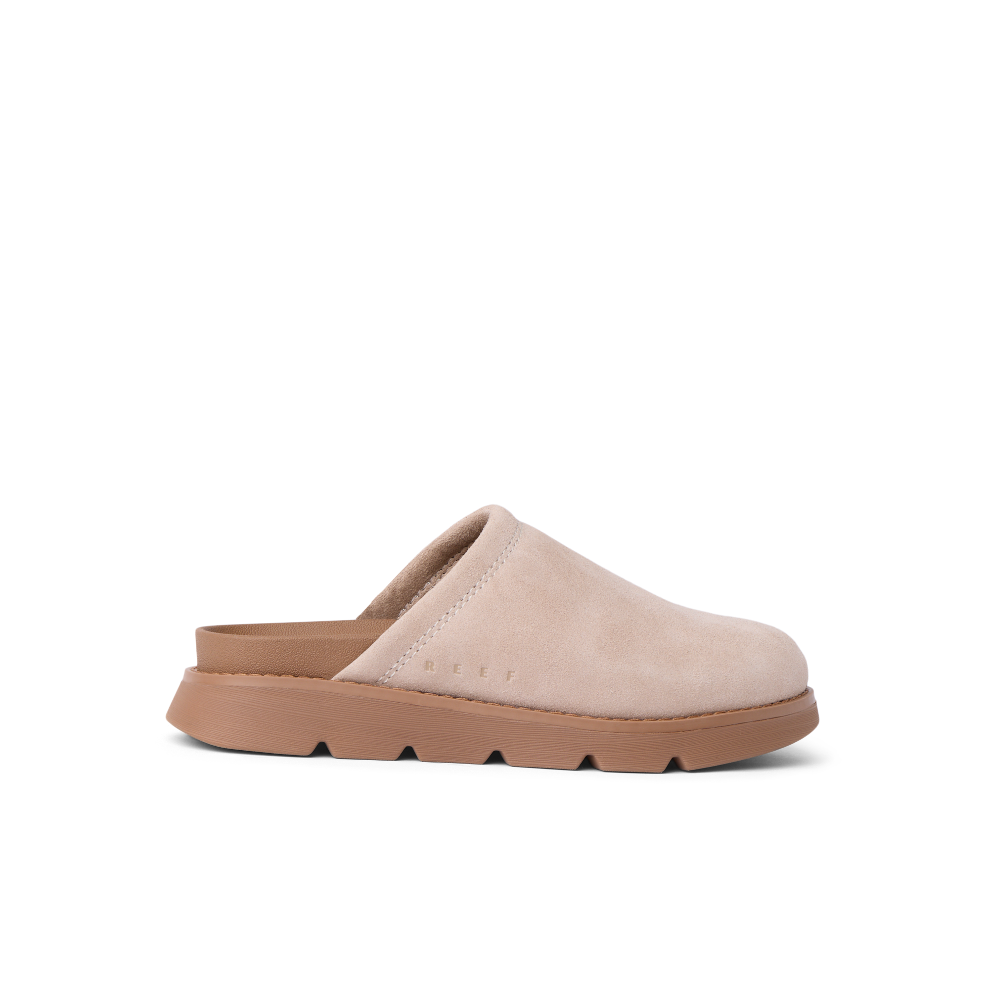 Vista Luxe Mariana facing right, women's light taupe suede clog with closed toe and cushioned arch support for all-day comfort