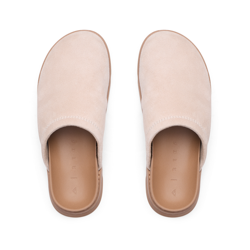 Vista Luxe Mariana top view, women's light taupe suede clogs with closed toe and cushioned footbed for all-day comfort