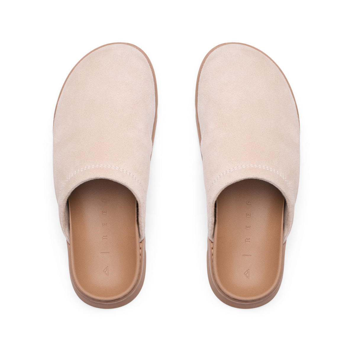 Vista Luxe Mariana top view, women's light taupe suede clogs with closed toe and cushioned footbed for all-day comfort