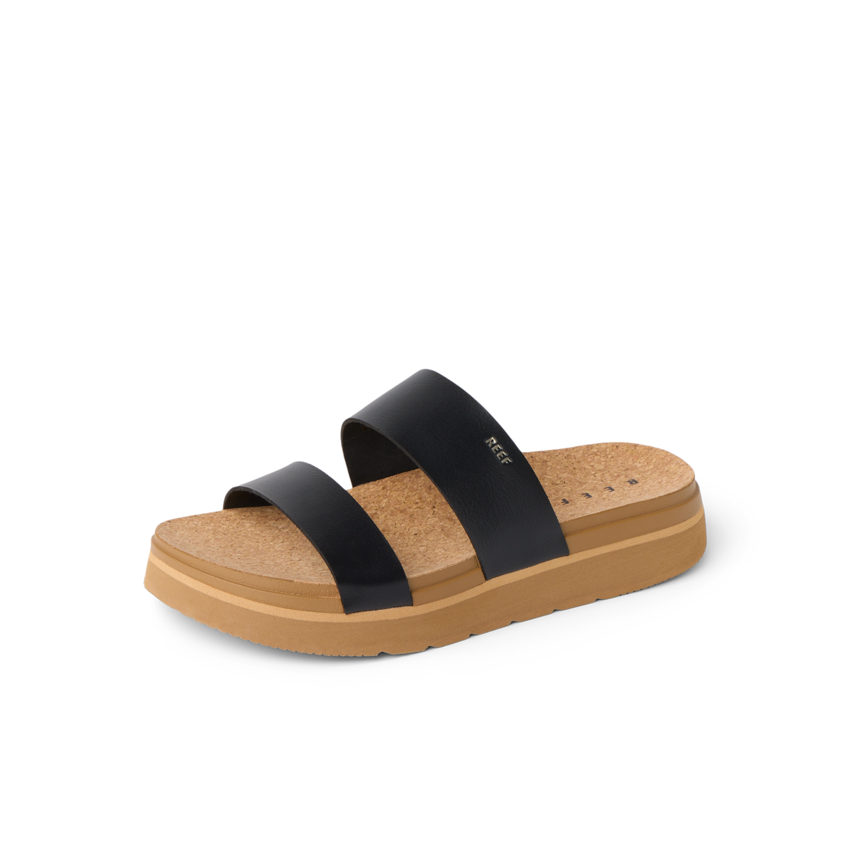 Vista Hi 2 sandal facing left with black vegan straps, cushioned cork footbed, and supportive lightweight platform sole