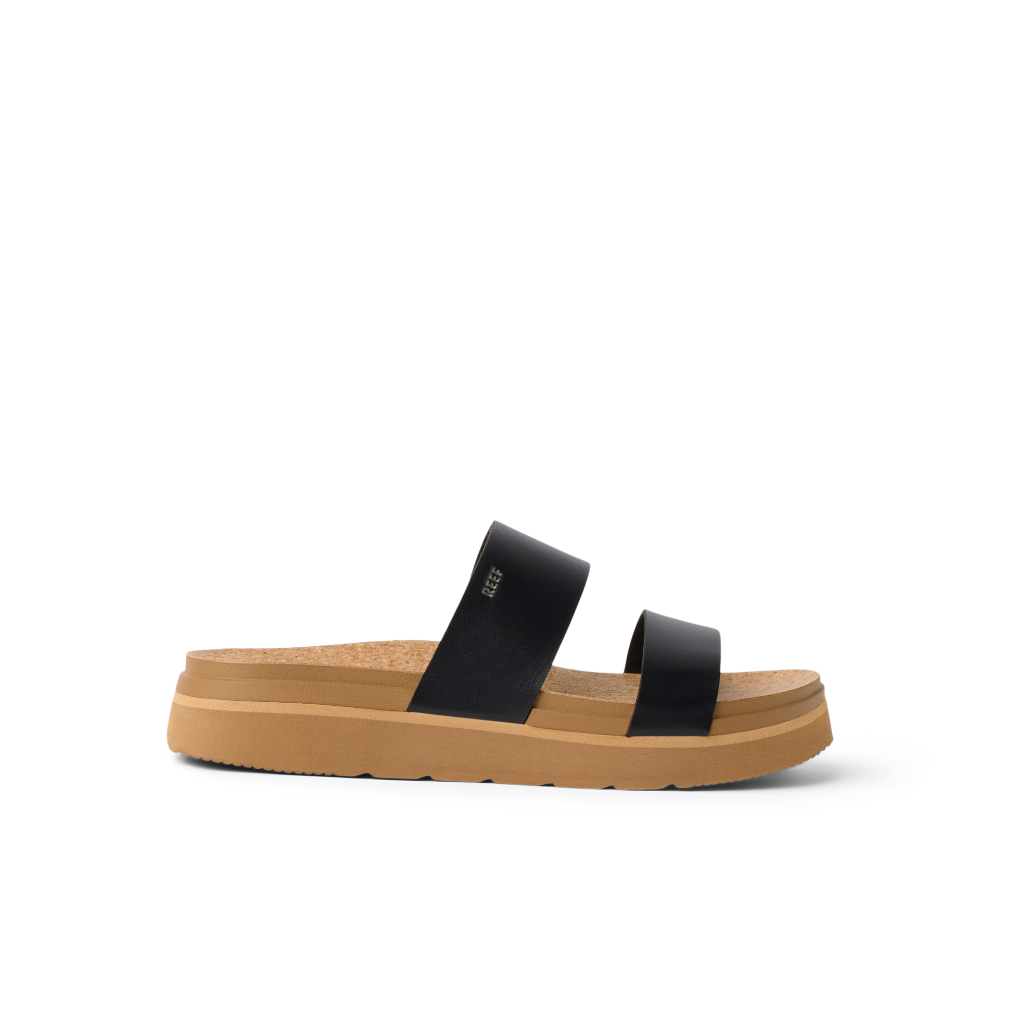 Vista Hi 2 sandal facing right with black vegan straps, cushioned platform, anatomical arch support, and lightweight comfort design