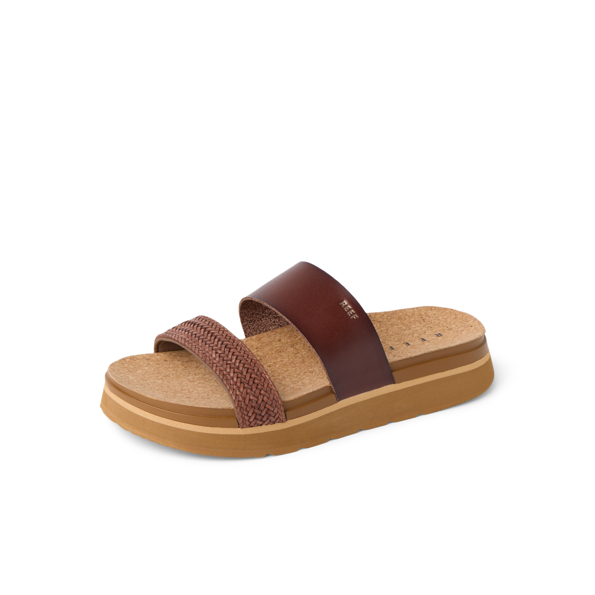 Vista Hi 2 sandal facing right, showing brown braided and smooth straps, cushioned platform, and arch support sole for comfort