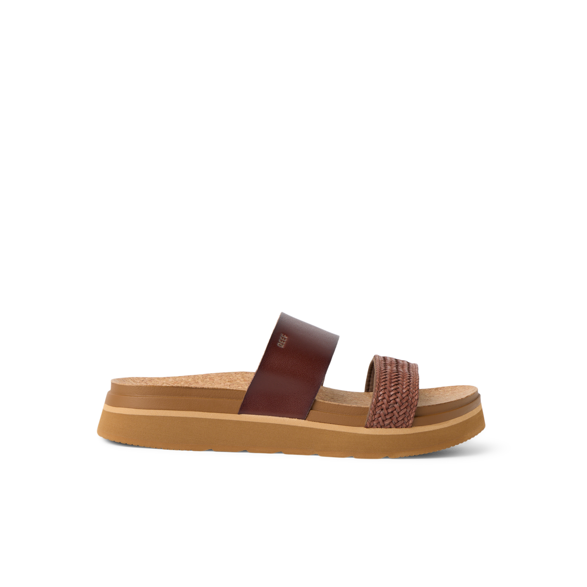 Vista Hi 2 sandal facing right with woven and smooth brown straps, enhanced arch support, and lightweight cushioned platform sole
