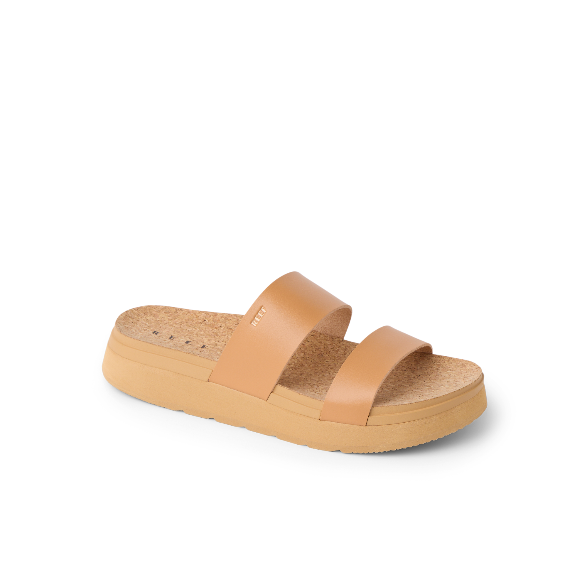 Vista Hi 2 sandal facing left with natural vegan straps, cushioned cork footbed, anatomical arch support, and lightweight platform sole