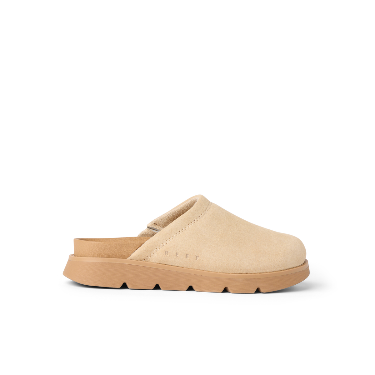 Vista Luxe Mariana clog in warm sand suede, left side view, showcasing closed-toe silhouette and contoured footbed for all-day comfort.