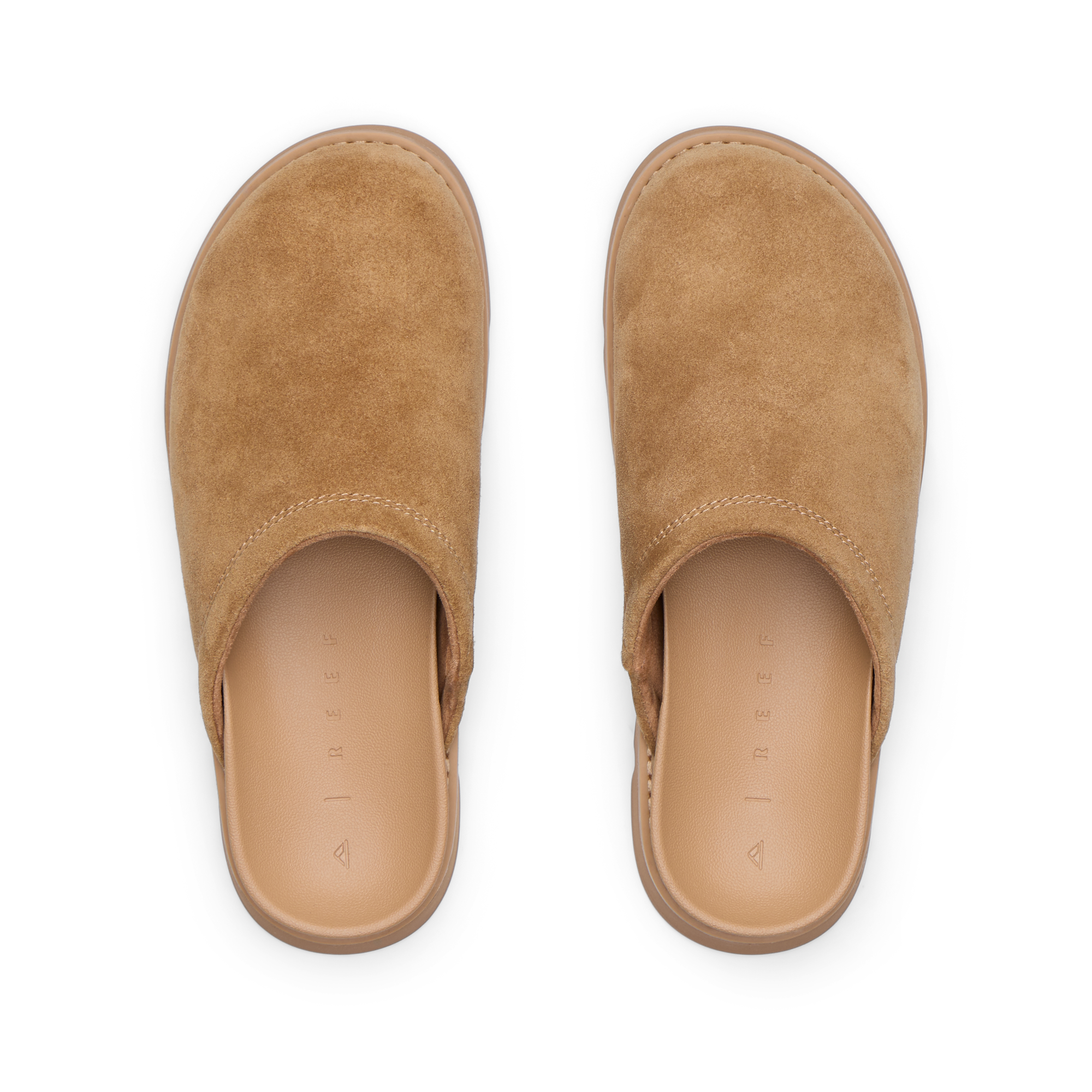 Vista Luxe Mariana clogs in tan suede, top view showing closed-toe design with anatomical arch support for all-day comfort.