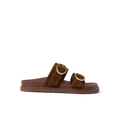 Vista Daphne slide sandal facing right, chocolate suede with adjustable buckles, arch support for all-day beach comfort.