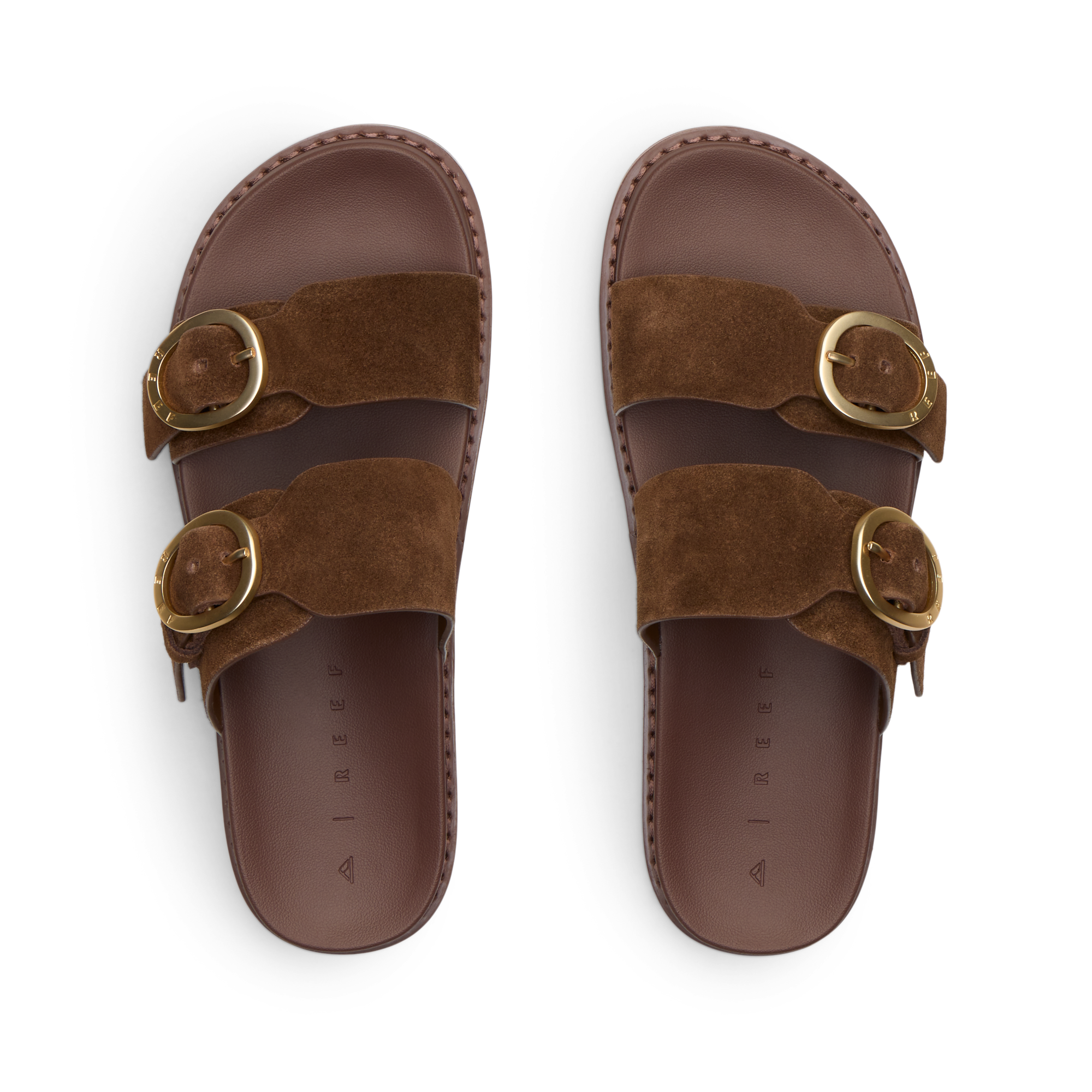 Vista Daphne top view of brown suede adjustable slide sandals with arch support, ideal for beach and everyday comfort.
