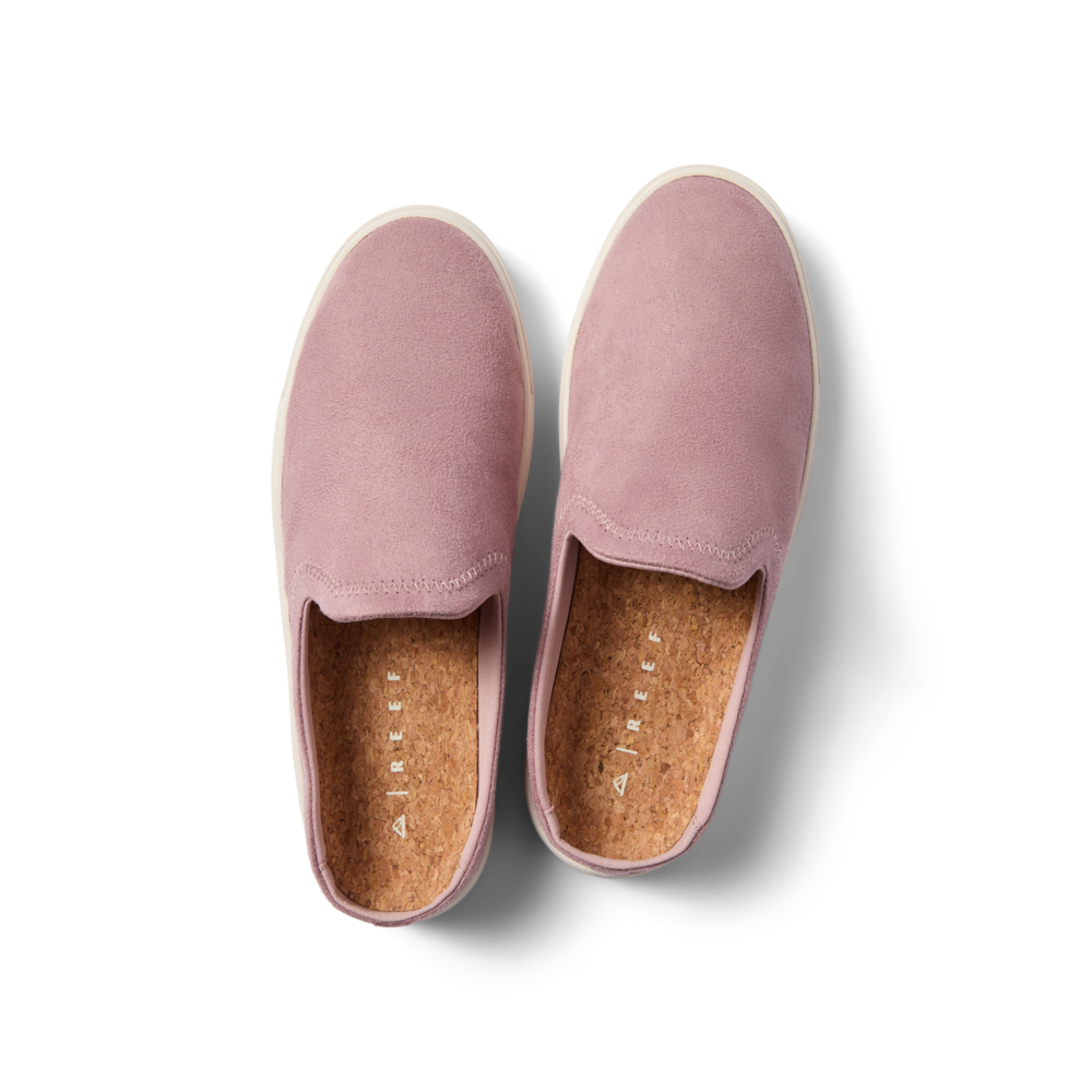Top view of Coastal Breeze women's slip-on shoes in pale mauve with cushioned cork footbeds for comfort and arch support.