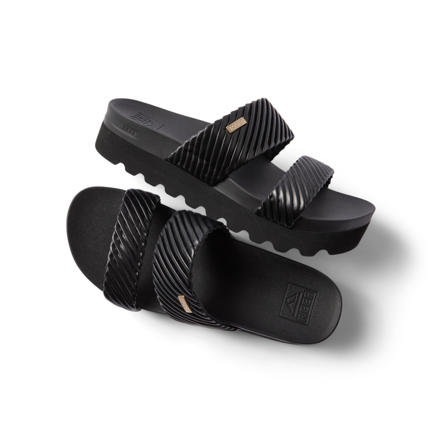 Cushion Vista Hi women's black slide sandals angled side and top view with soft cushioning and arch support