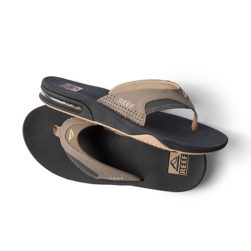 Pair of Fanning men's sandals facing right showing side and bottom, with anatomical arch support and cushioning.