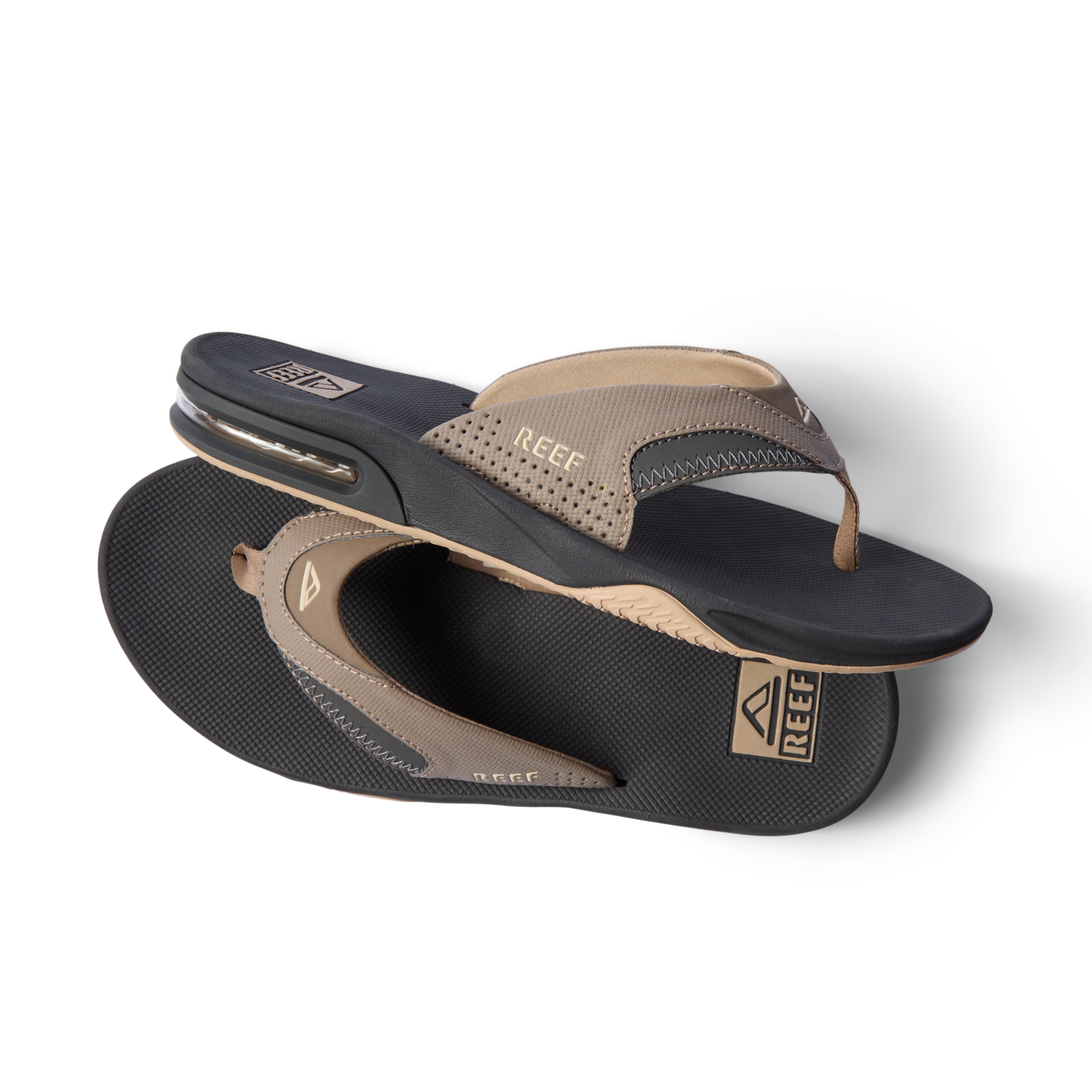 Pair of Fanning men's sandals facing right showing side and bottom, with anatomical arch support and cushioning.