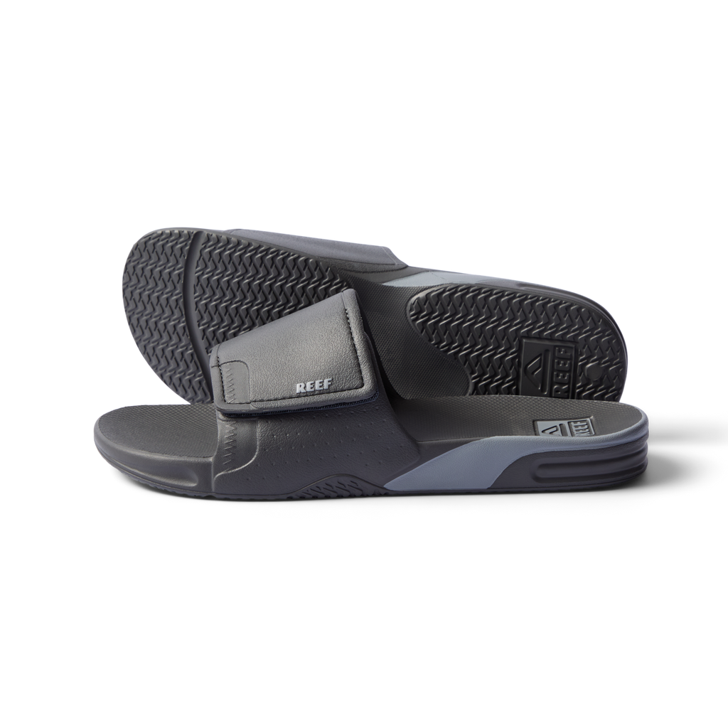 Fanning Slide H2O men's grey slide sandals facing right with soft-rebound cushioning and arch support close-up