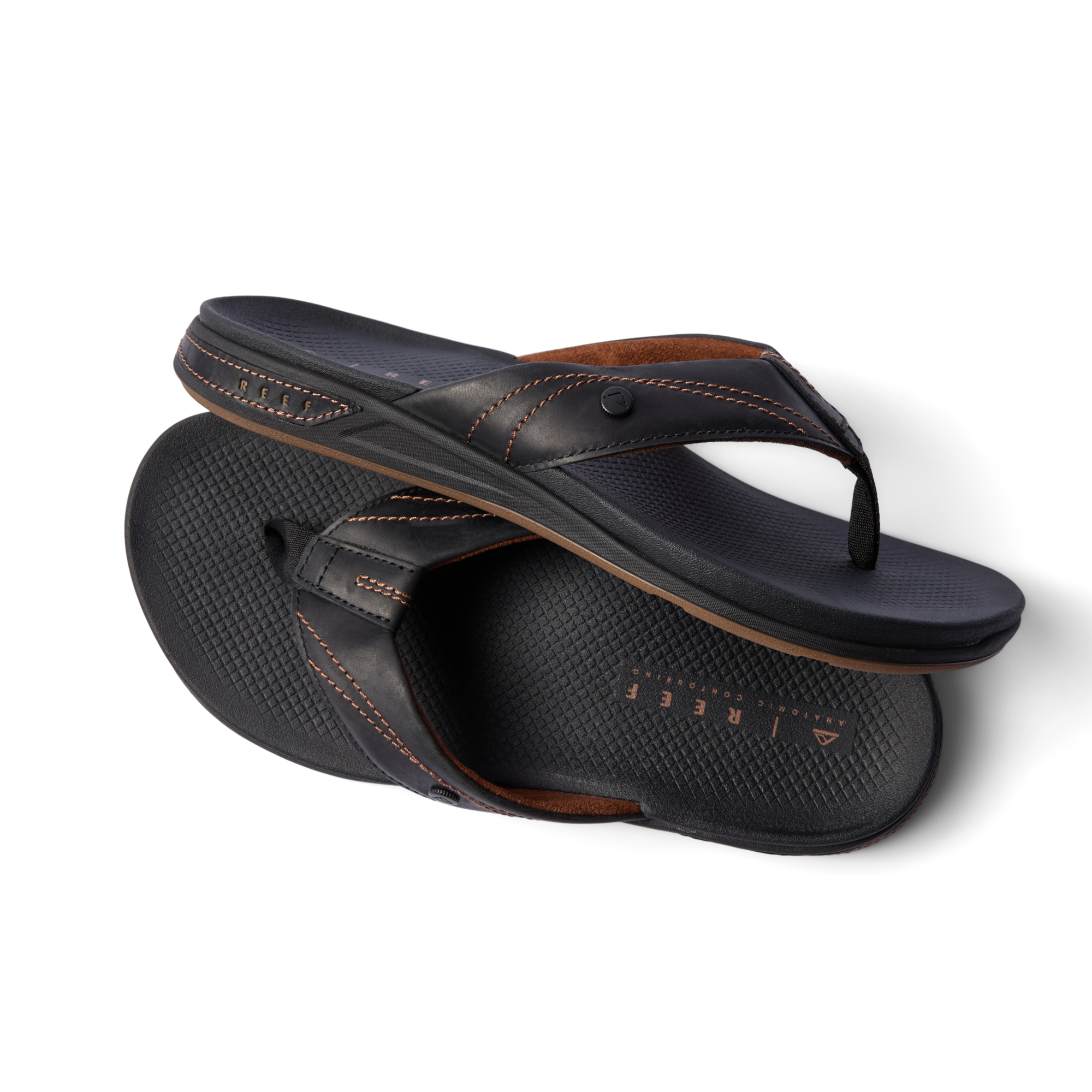 Phantom Lux men's black sandal pair with top shoe facing right, featuring anatomical arch support and soft cushioning.