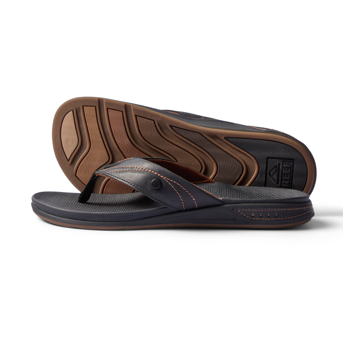 Pair of Phantom Lux black men’s sandals side view showing sole and top with extra cushioning and arch support