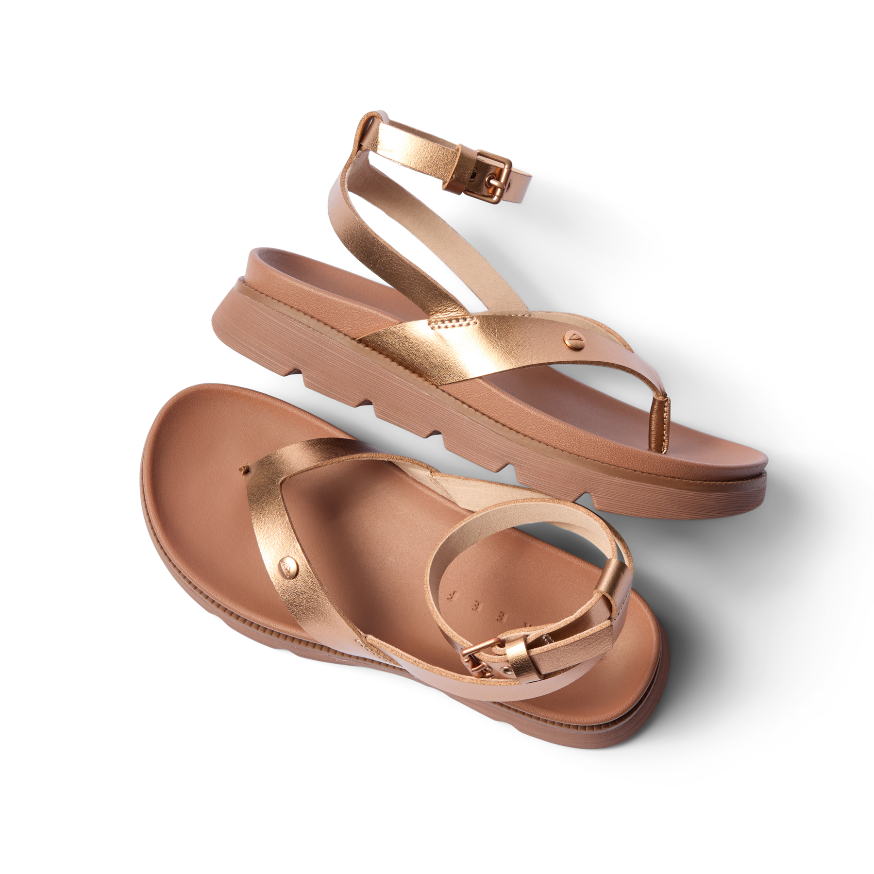 Vista Luxe Sierra women's sandals facing right, close-up on upper straps and cushioned footbed in bronze tone.