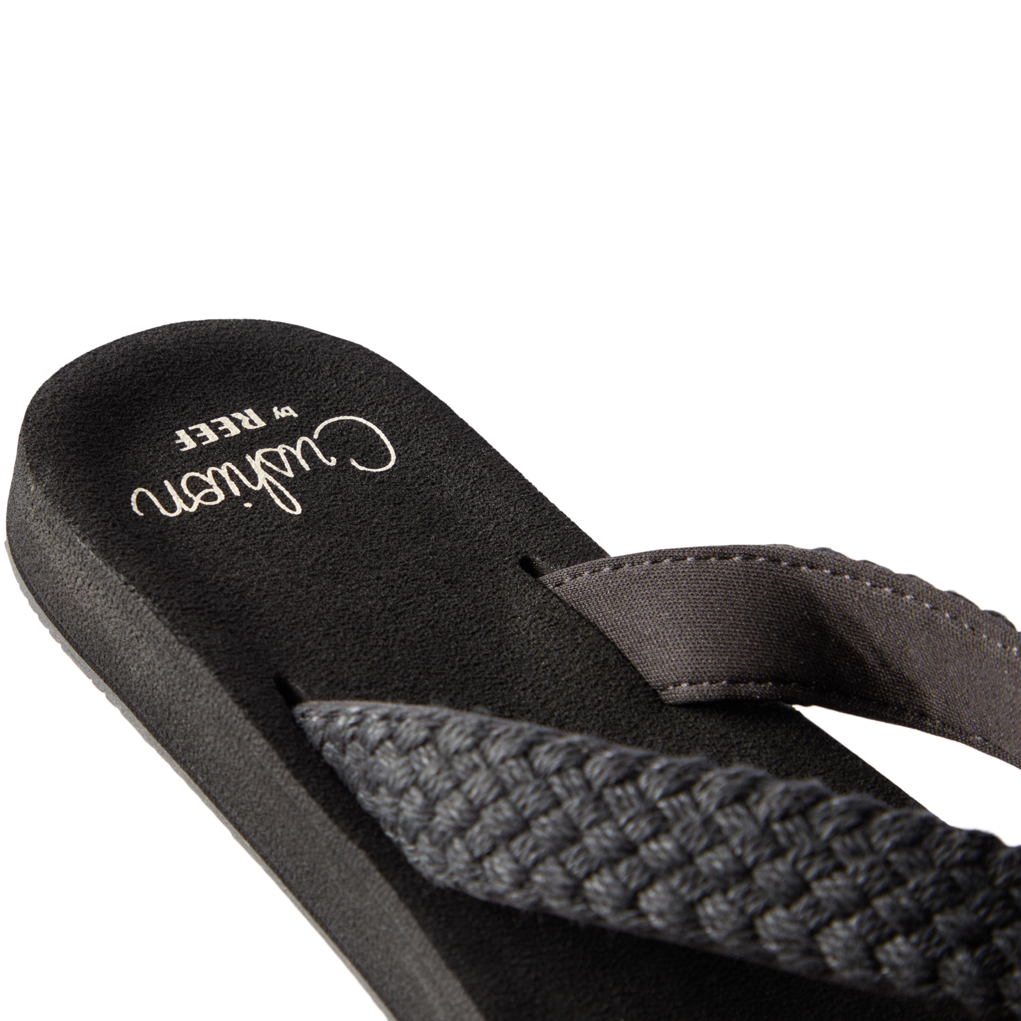 Close-up of the left-facing Baja Maria sandal showing black braided straps and cushioned arch support for comfort.