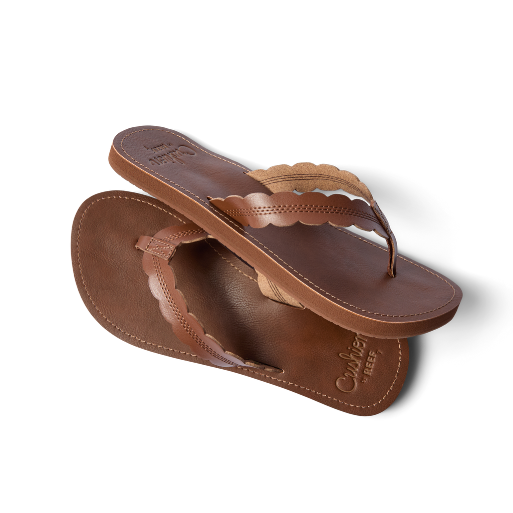 Reef Cushion Celine women’s sandals in chocolate brown, top and side view showing cushioned footbed and arch support.