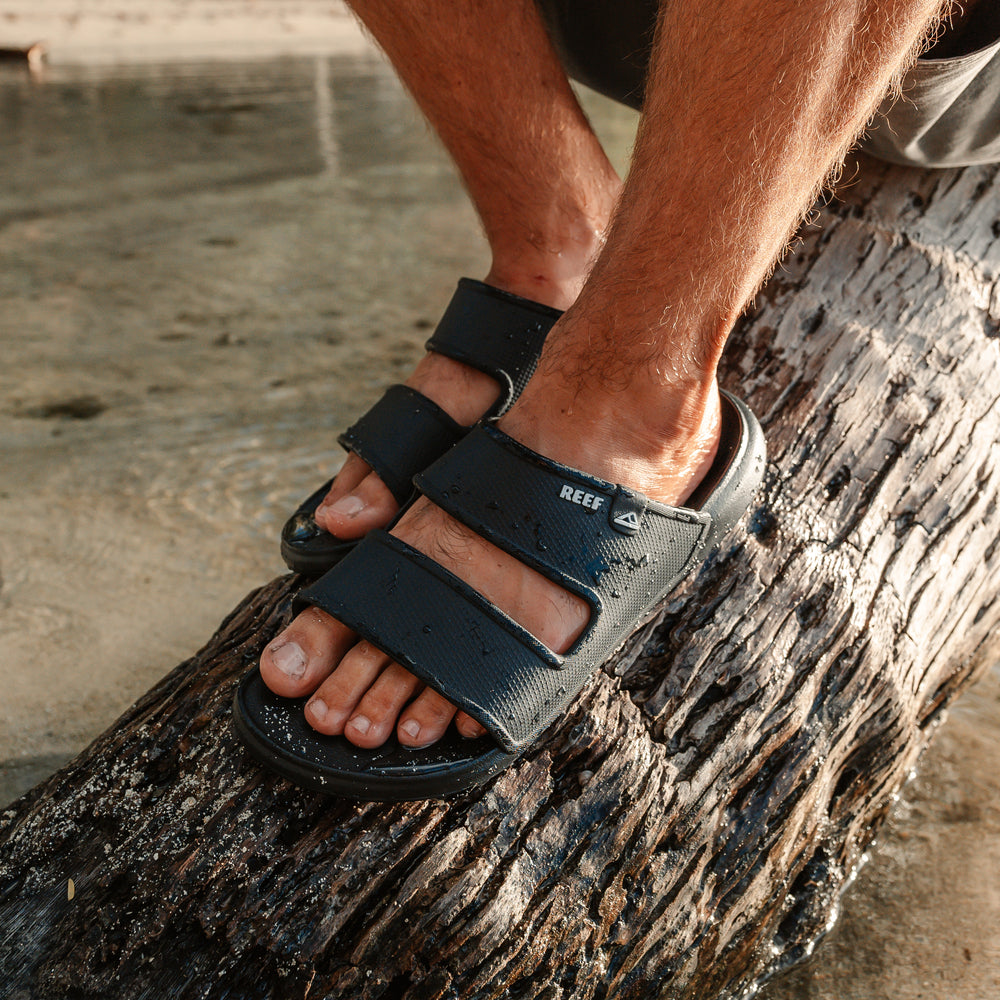 Oasis Double Up men's sandals facing forward, close-up of front footbed and straps, beach-inspired comfort design.