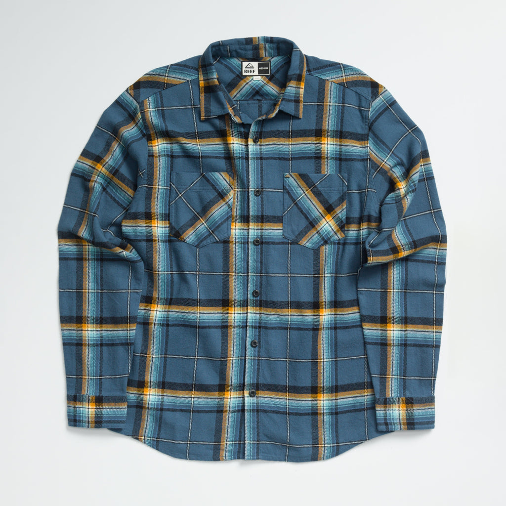 Dyson Flannel Shirt for men in blue and orange plaid, front view showing full shirt with chest pockets and button closure.