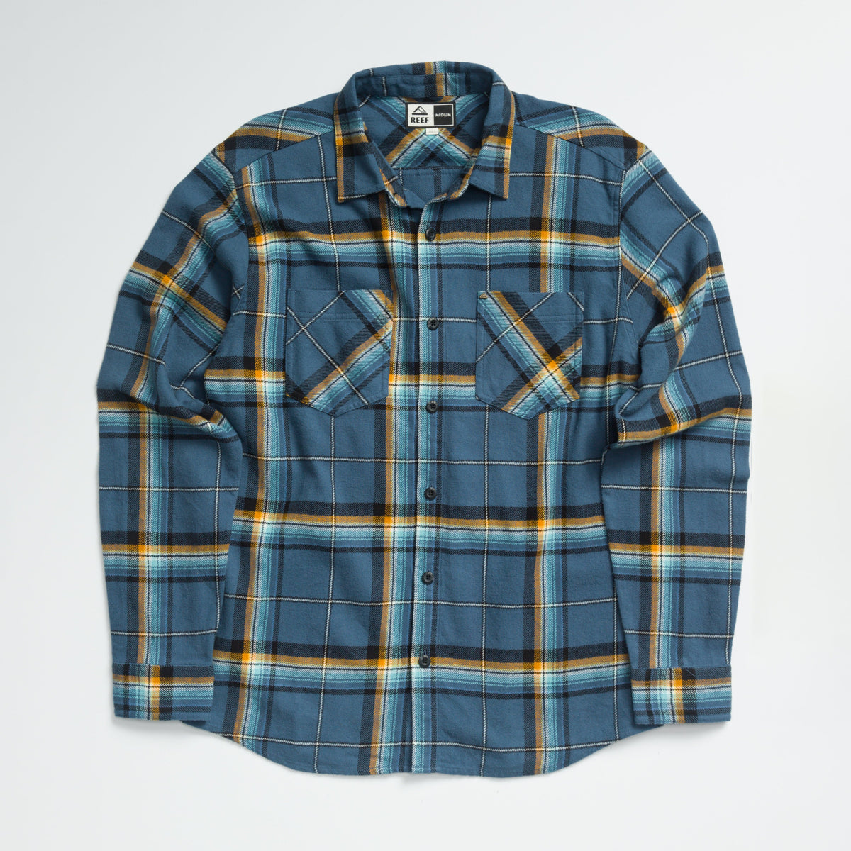 Dyson Flannel Shirt for men in blue and orange plaid, front view showing full shirt with chest pockets and button closure.