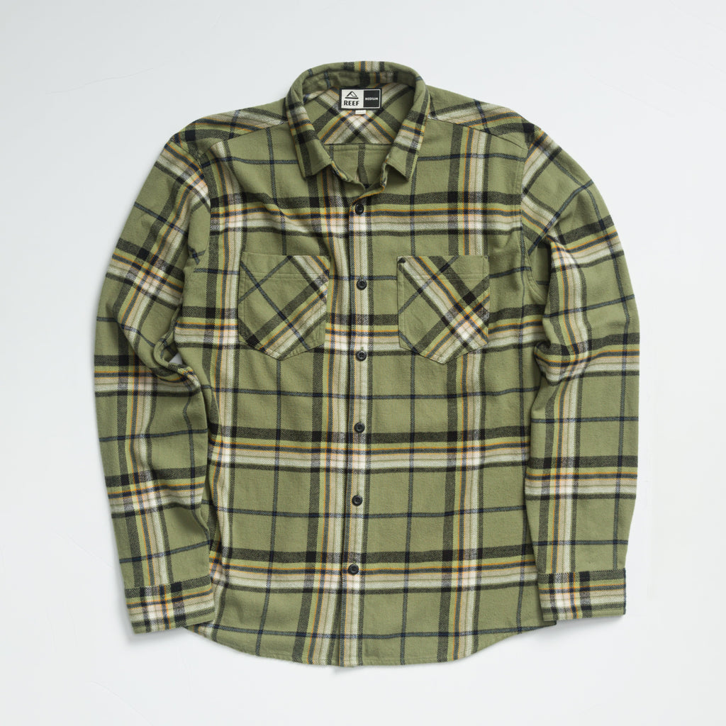 Dyson Flannel Shirt in green plaid, front view, featuring soft fabric and tailored fit for comfort and durability.