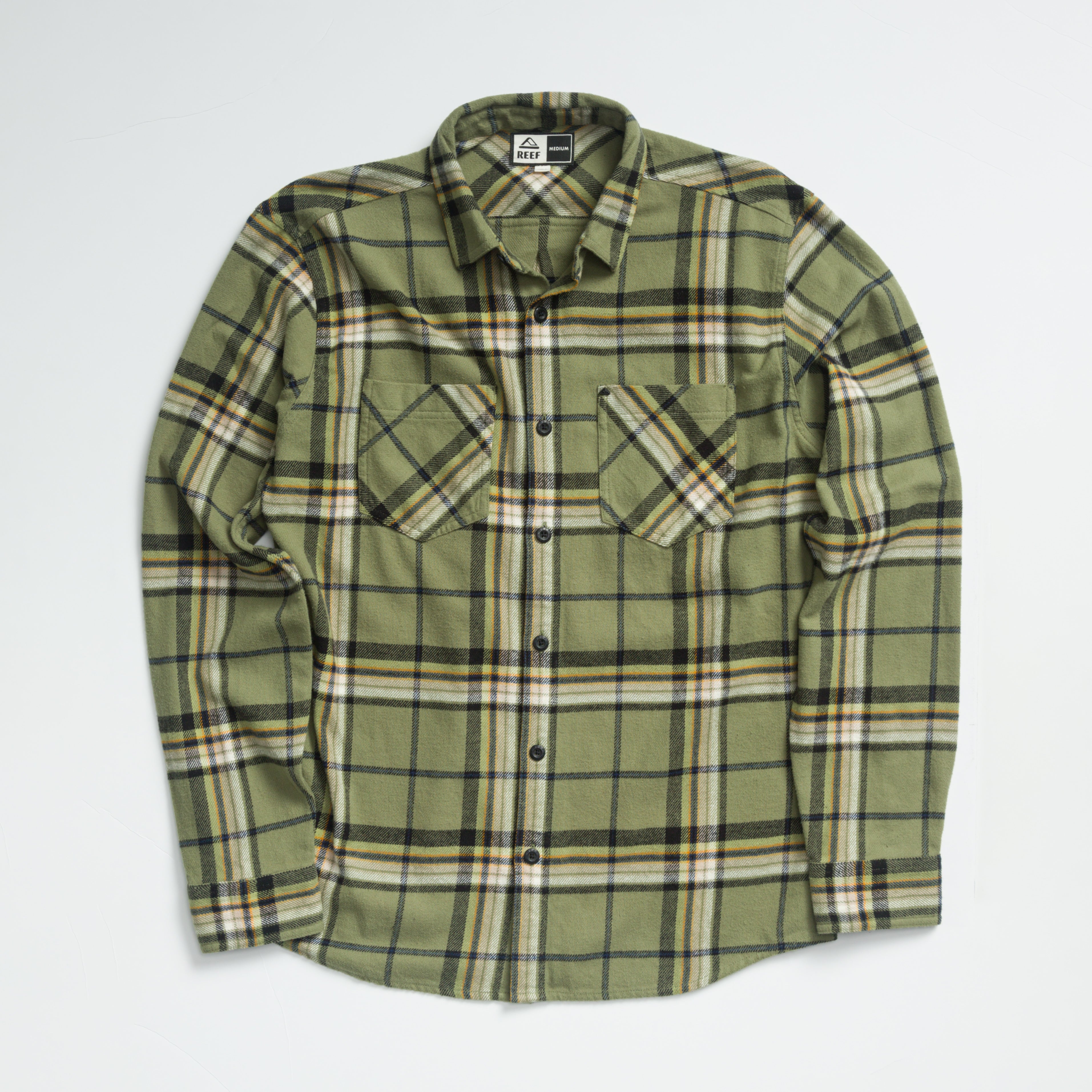 Dyson Flannel Shirt in green plaid, front view, featuring soft fabric and tailored fit for comfort and durability.