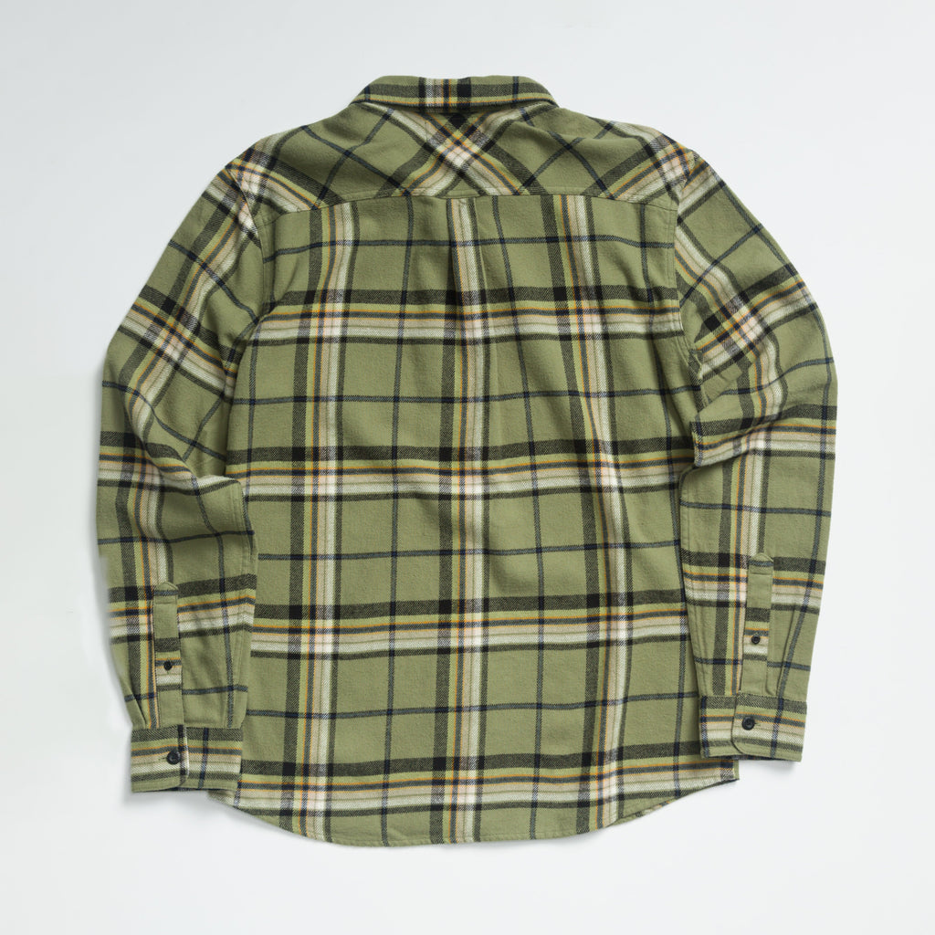 Dyson Flannel Shirt in olive plaid pattern, showing back view with comfort-focused, durable fabric for active beach lifestyles.