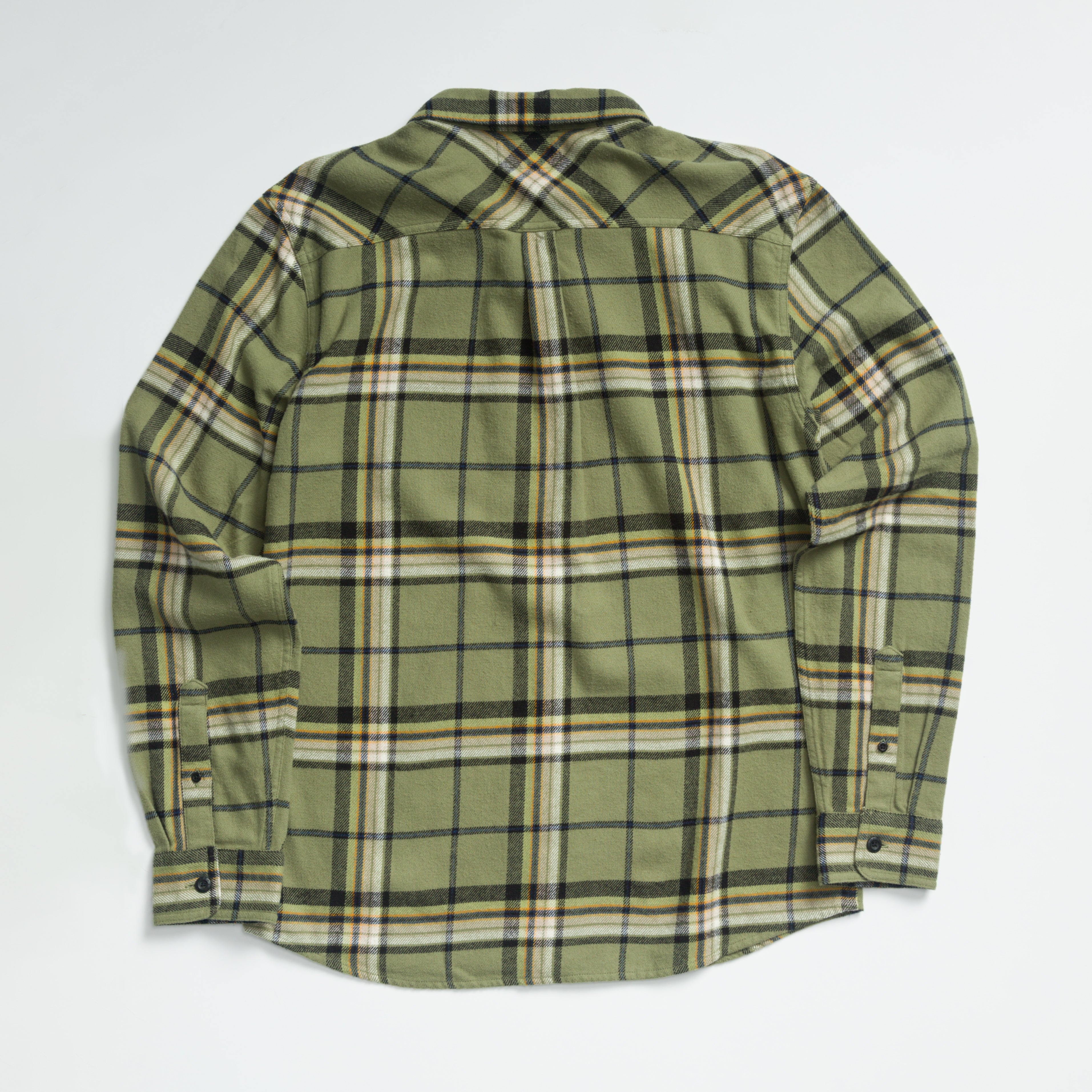 Dyson Flannel Shirt in olive plaid pattern, showing back view with comfort-focused, durable fabric for active beach lifestyles.