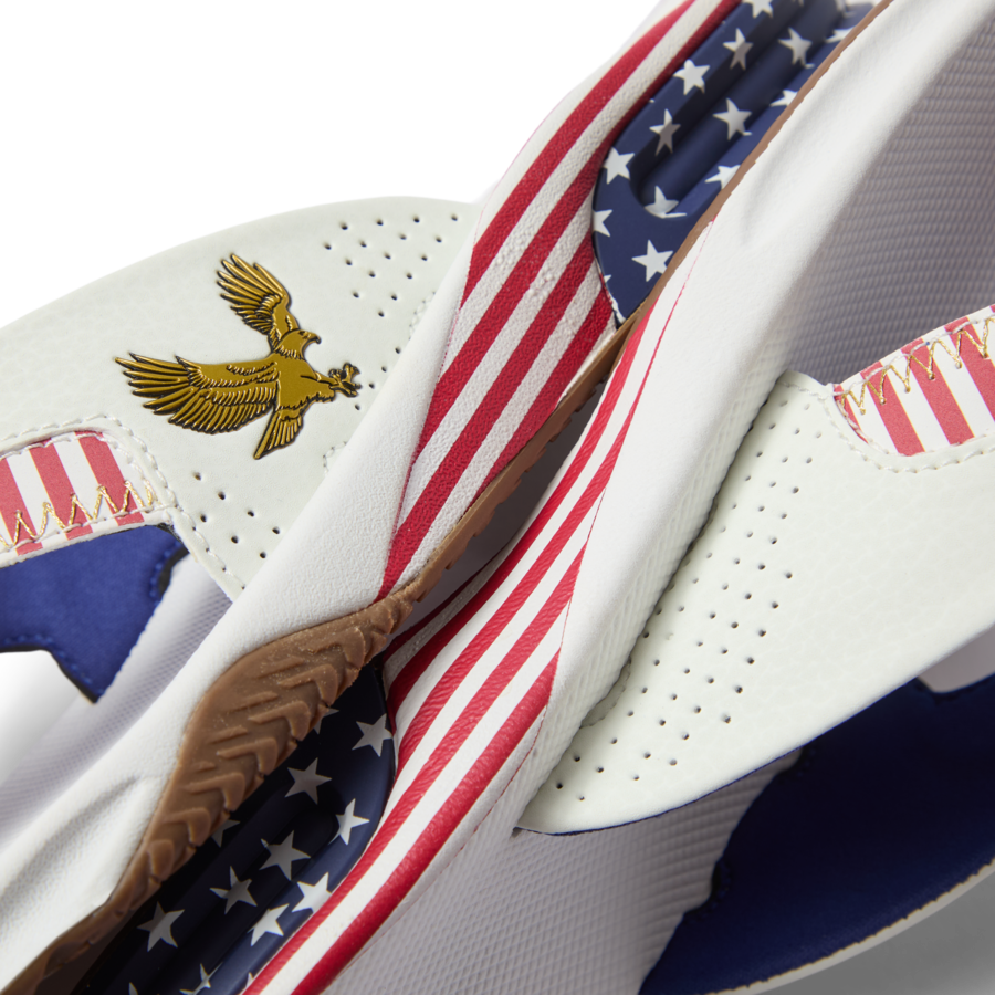 Close-up of the right side of Fanning footwear showing the American flag design and golden eagle detail, facing right.
