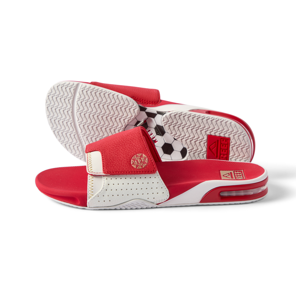 Pair of Fanning Slide sandals facing right and left, men's red and white water-friendly slides with cushioned footbed and arch support