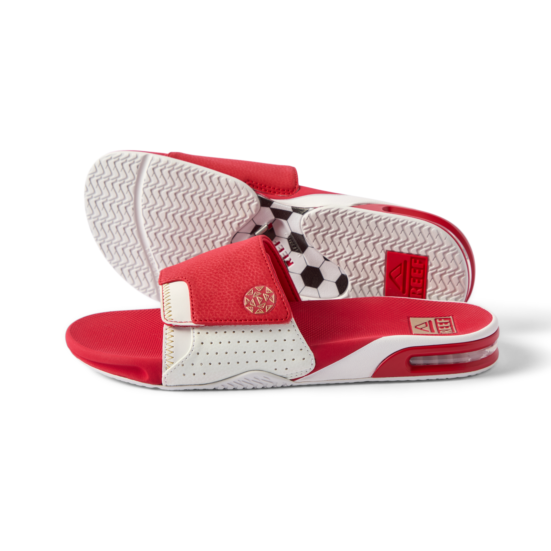 Pair of Fanning Slide sandals facing right and left, men's red and white water-friendly slides with cushioned footbed and arch support