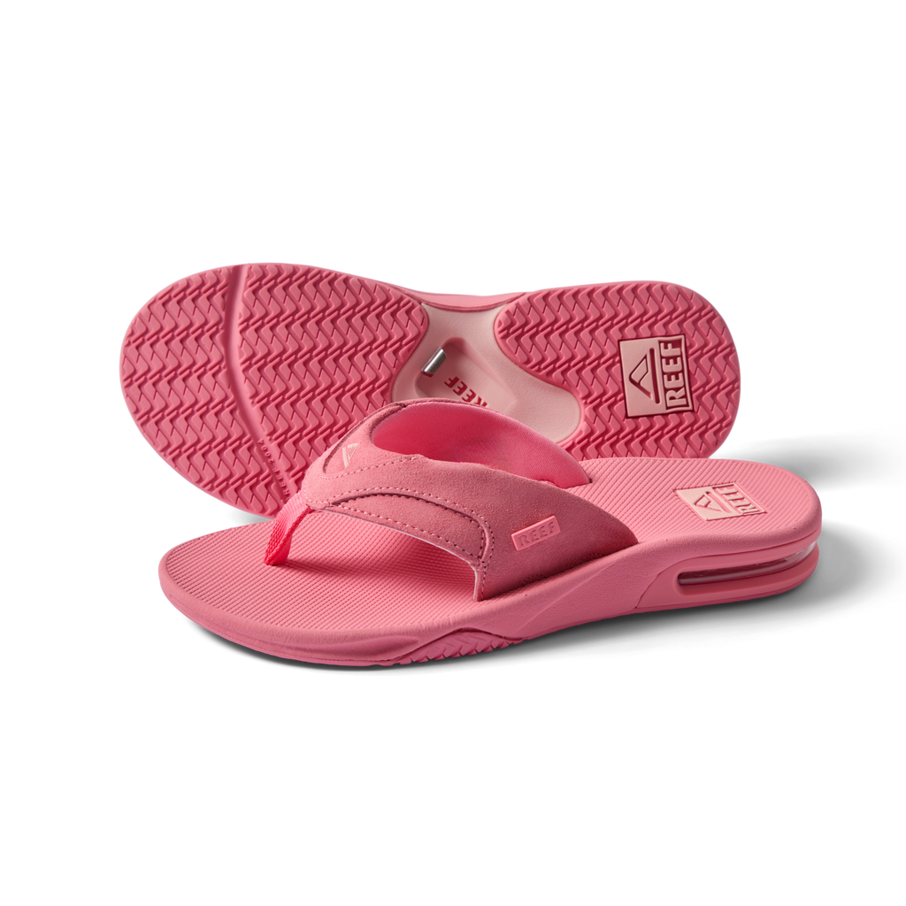 Fanning women's strawberry suede sandal showing top and bottom, beach-inspired comfort with arch support and soft cushioning.
