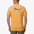 Man wearing a honey mustard Jacob Tee showing back with a marlin fish graphic, surf-inspired comfort apparel for men.