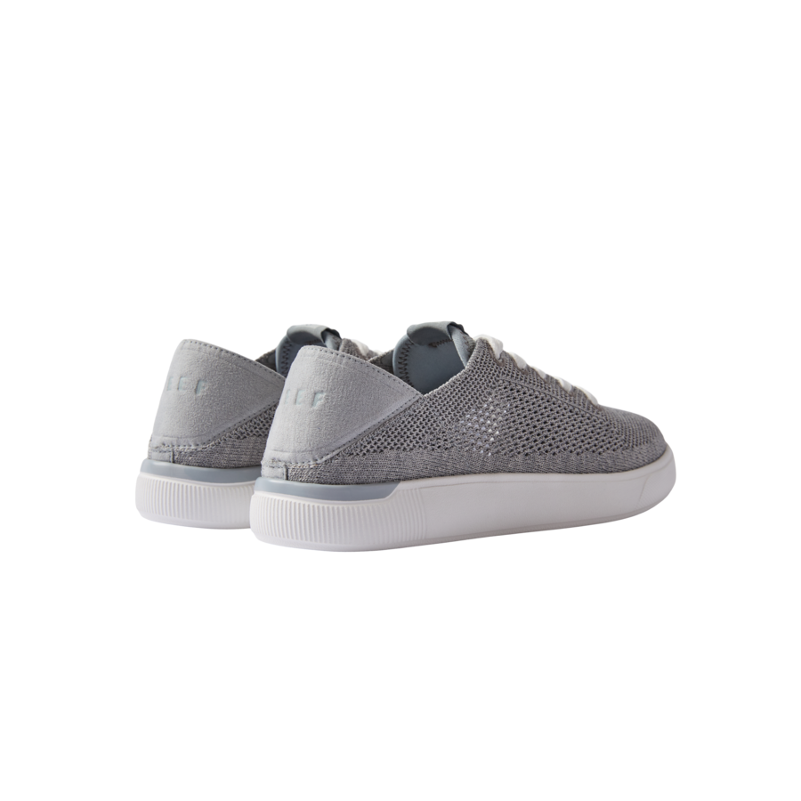 Kids Neptune grey shoes facing right showing heel and side, breathable mesh, lightweight with arch support and cushioning.