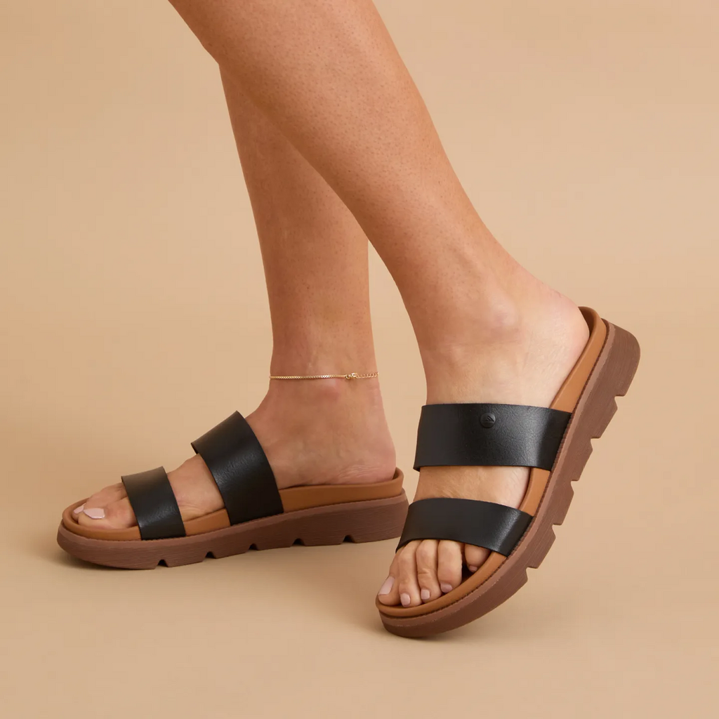 Vista Luxe Thea women's sandals facing right, showing side and top with black straps and cushioned sole for comfort.
