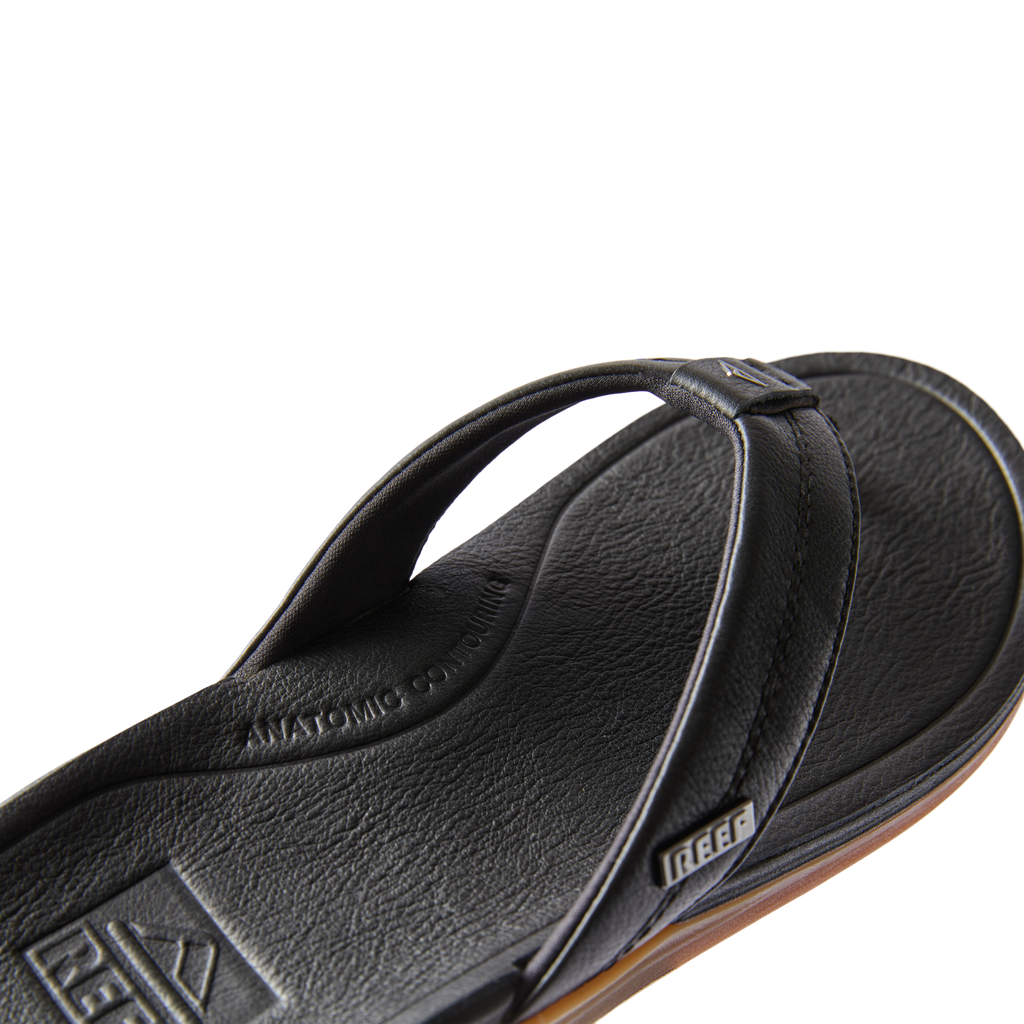 Leather Offshore men's black leather sandal close-up showing top front strap and cushioned footbed facing right