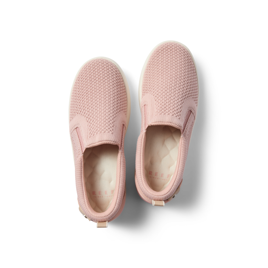 Neptune Elyse women's pink slip-on sneakers top view showing cushioned footbeds and breathable knit upper facing upward.