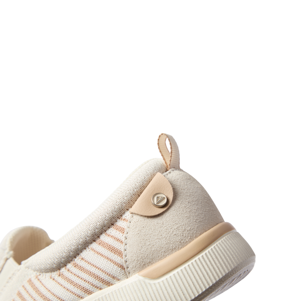 Neptune Elyse women's shoe close-up of tan striped heel facing right with soft-rebound cushioning and arch support