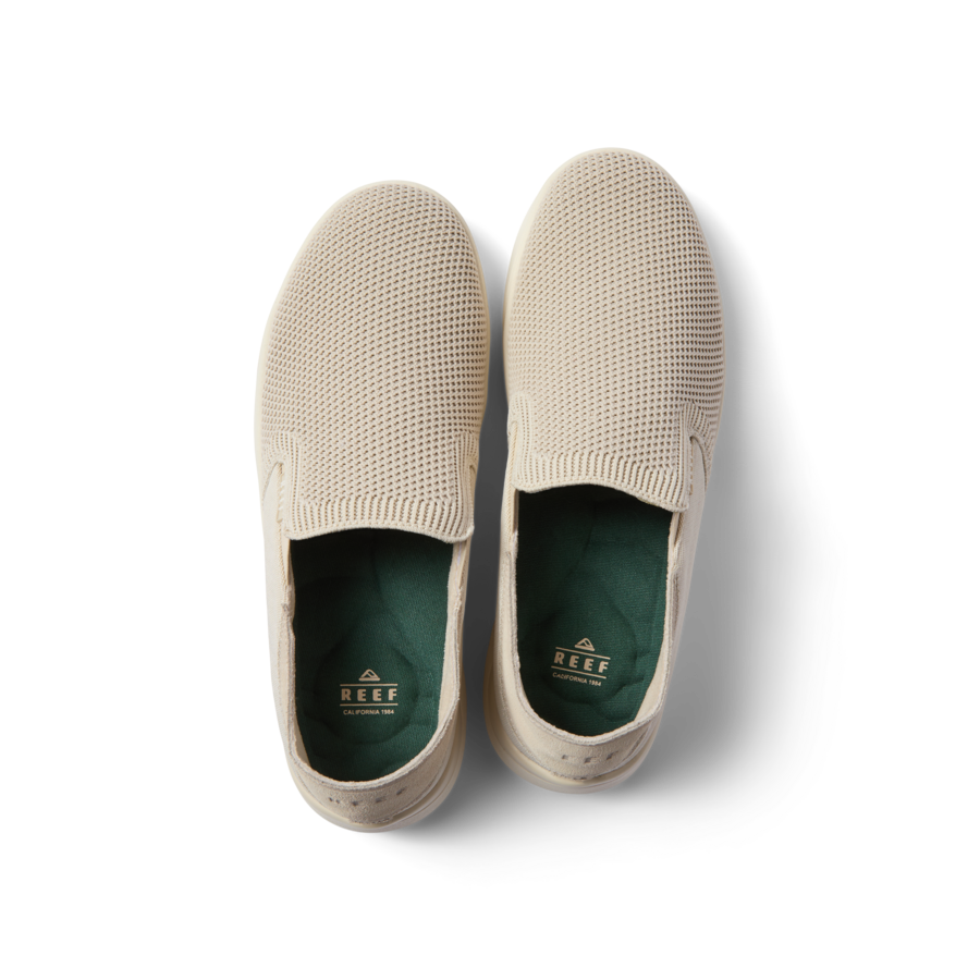 Top view of beige Neptune Slip-On shoes for men with breathable mesh upper and cushioned footbed by REEF