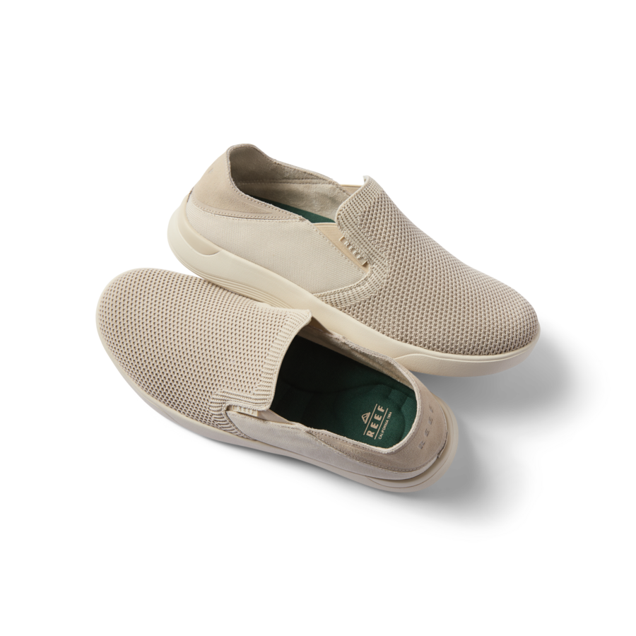 Neptune Slip-On shoes showing top and side views, beige mesh upper, with arch support and soft cushioning designed for comfort.