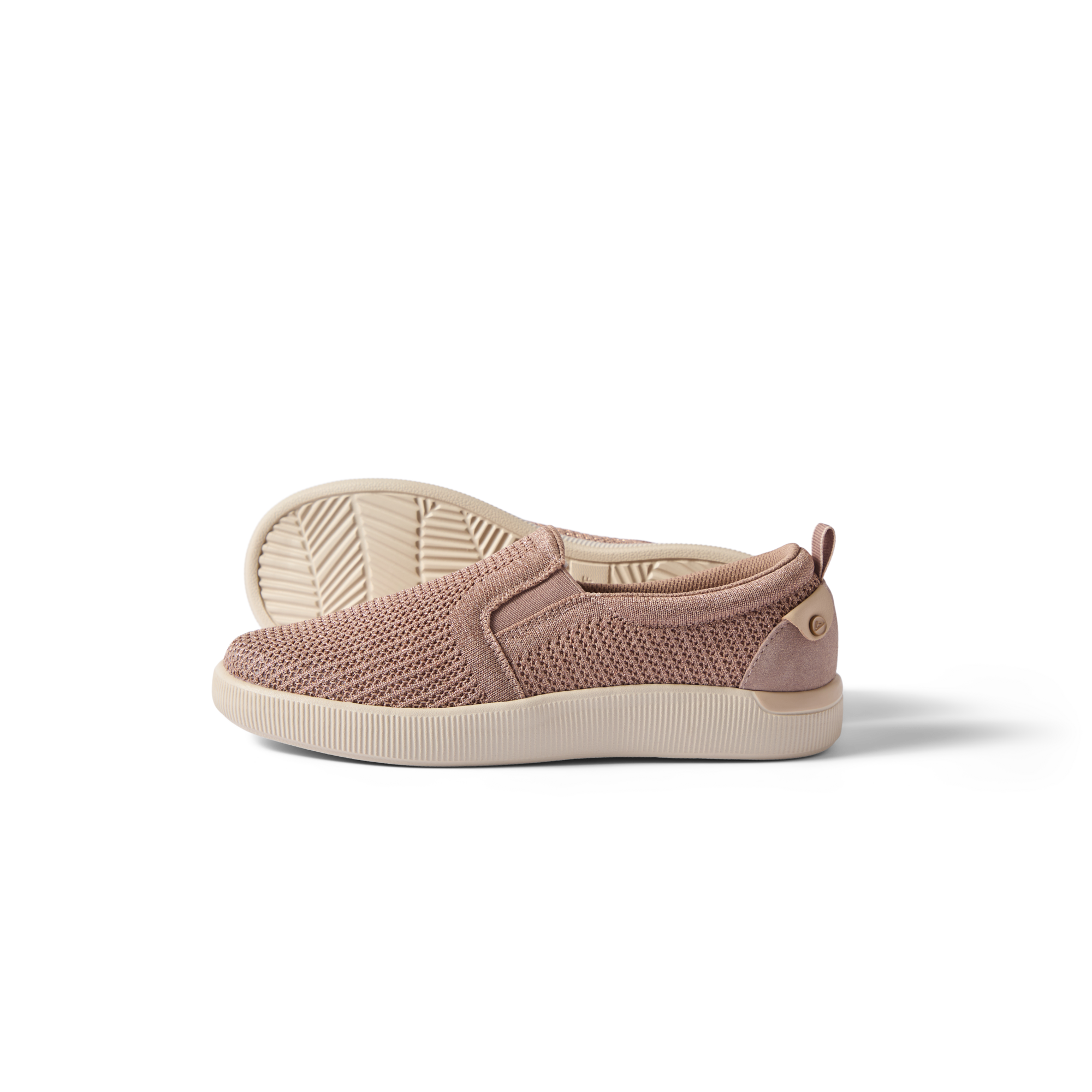 Neptune Elyse women's slip-on shoe facing right, showing side and sole with breathable knit upper in warm taupe.