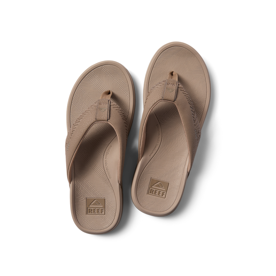Offshore men's tan sandals top view showing soft-rebound cushioned footbed and anatomical arch support, beach-inspired comfort.