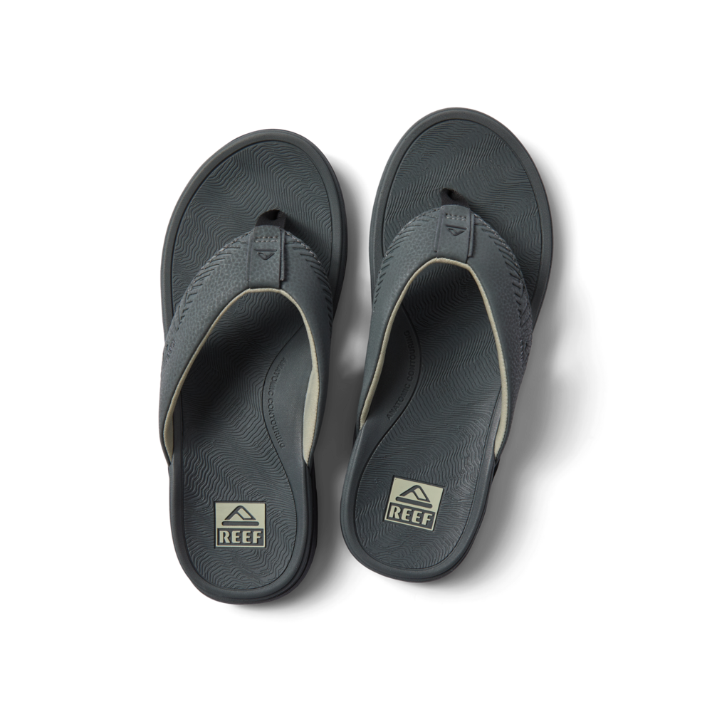 Offshore men's grey flip flops top view, facing up, featuring arch support and extra cushioning for beach comfort.