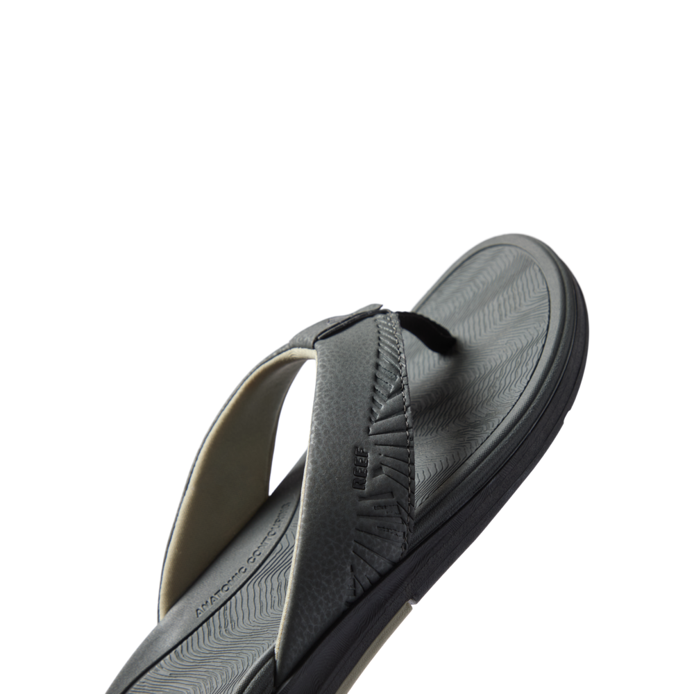 Offshore men's grey sandal facing right showing top and side with extra cushion and arch support for beach comfort